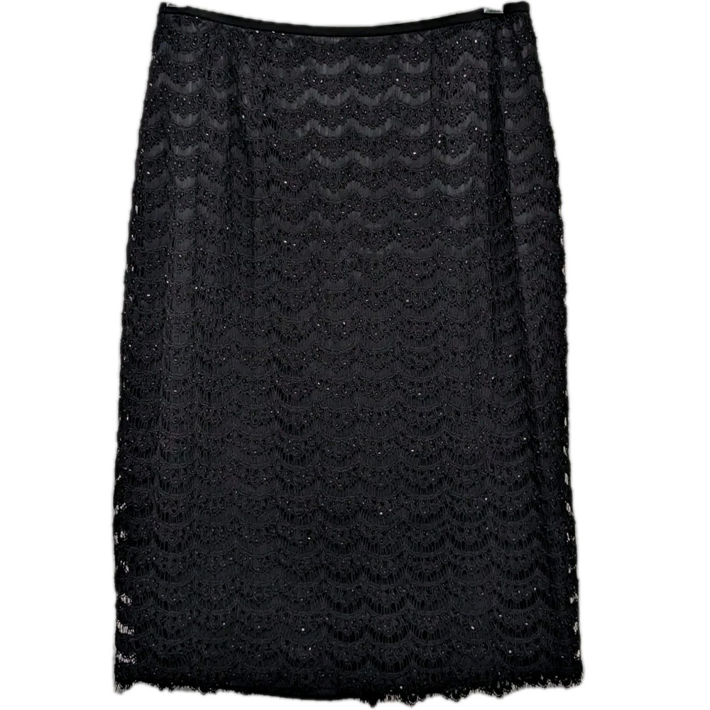 Whimsigoth Beaded Lace Albert Nipon Midi Skirt Size 4 Black‎ Fringe Hem Straight